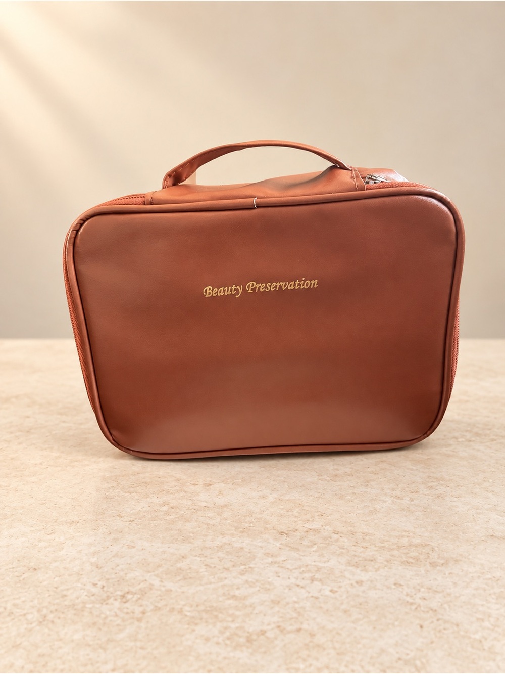 Brown Leather-Look Travel Toiletry Bag with Top Handle